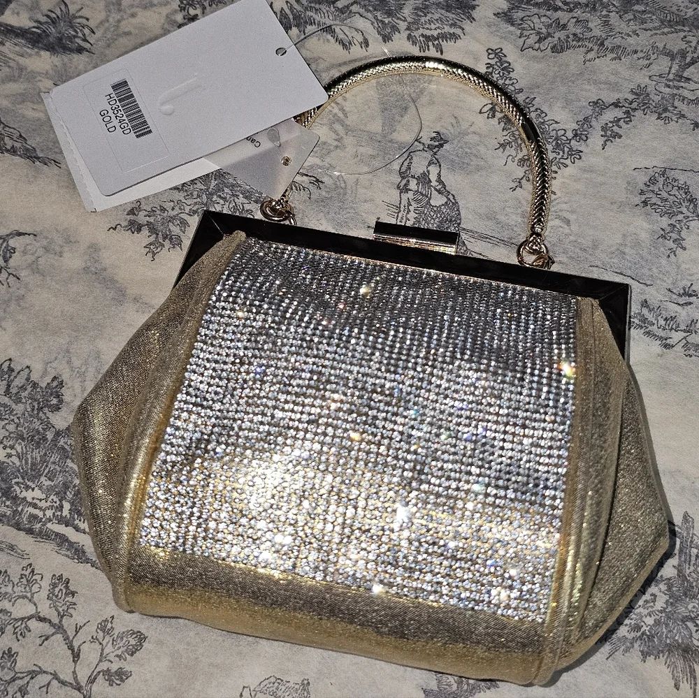 NWT Gold Rhinestone Evening Clutch Black Frame Chain Strap Sparkly Prom Wedding - Picture 3 of 12